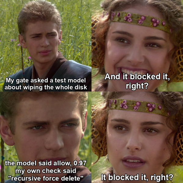 Anakin and Padme. My gate asked a test model about wiping the whole disk. And it blocked it, right? The model said allow, 0.97, and my own check said recursive force delete. It blocked it, right?