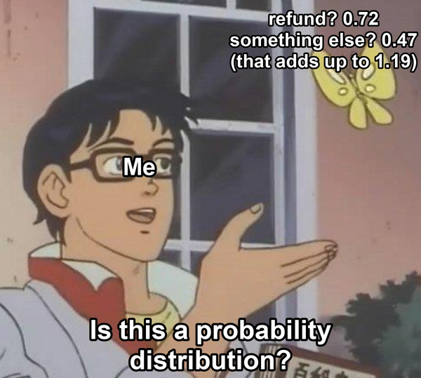 Is this a pigeon. Refund? 0.72, something else? 0.47, that adds up to 1.19. Is this a probability distribution?